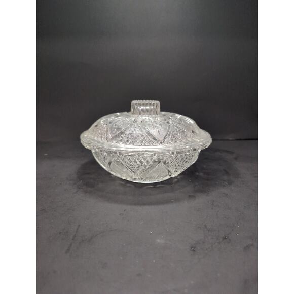 Pasari Indonesia Glass Candy Dish Lid, Hearts Flowers Pattern, Pressed Glass Jar - Picture 1 of 10